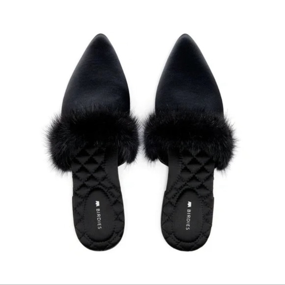 Birdies Dove Satin Pointy Toe Faux Fur Mules - Picture 1 of 7